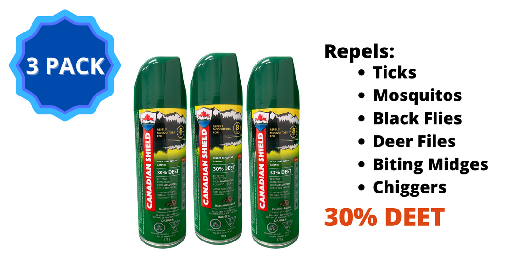 Canadian Shield Insect Repellent (170G)(3 PACK) Aerosol - CSA01X3CANADIAN SHIELD MOSQUITO & INSECT REPELLENT | FOR HUNTING, FISHING, CAMPING, FAMILY FUN, AND MORE | 8 HOUR OF PROTECTION | 30% DEET | 170G AEROSOL (3 PACK)- CSA01X3