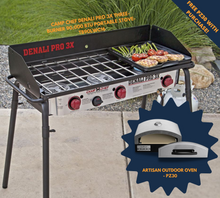 Load image into Gallery viewer, Camp Chef Denali Pro 3X Three-Burner 90,000 BTU Portable Stove Pizza Oven- TB90LWC16 + PZ30
